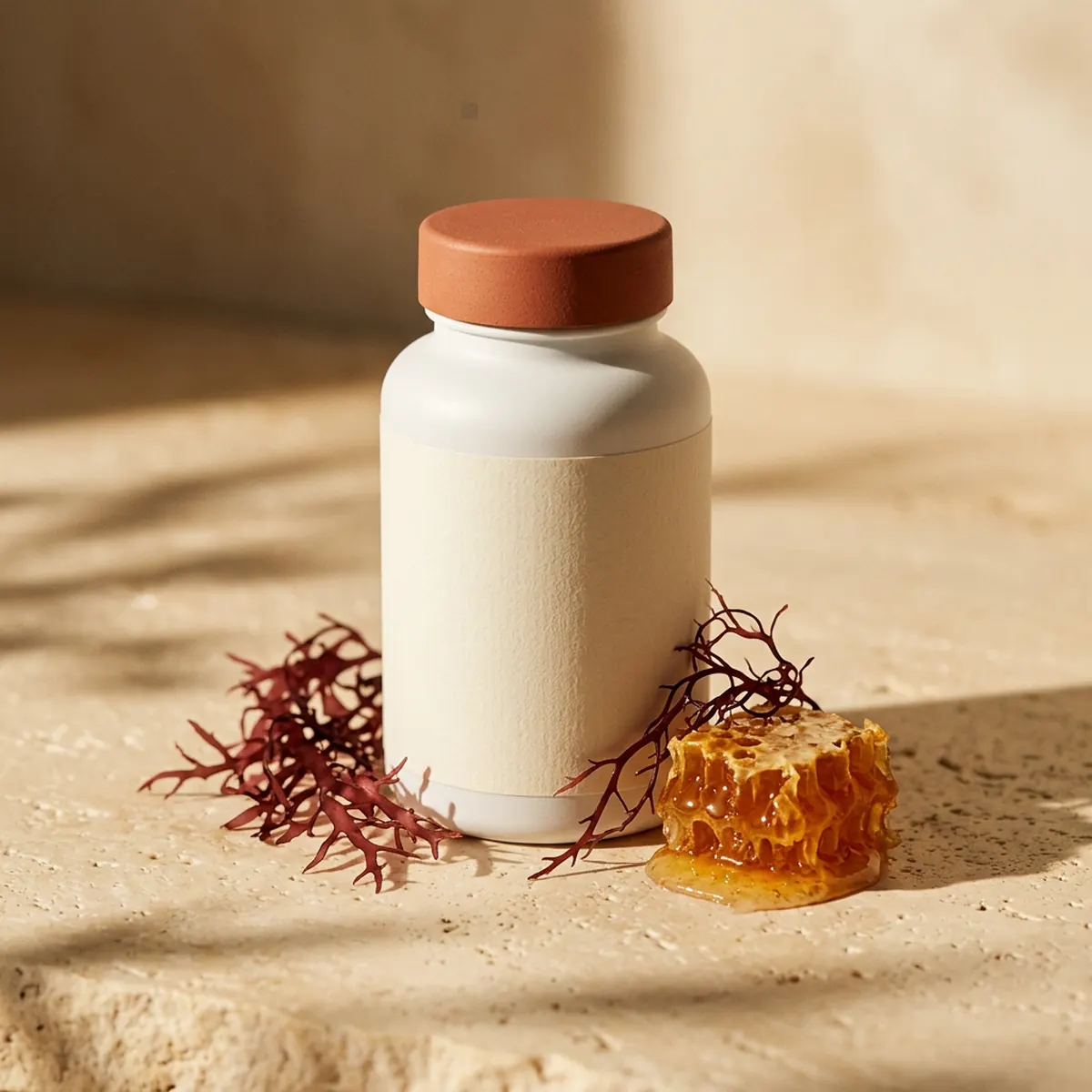 Red Marine Algae bottle with a terracotta cap in warm sunlight beside red seaweed and honeycomb