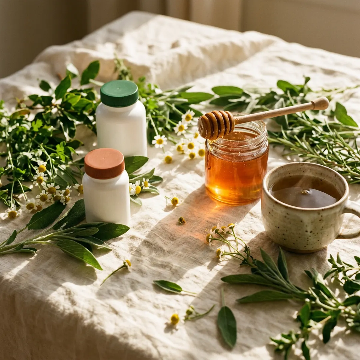 Two Elly supplement bottles on sunlit linen with honey, tea and fresh botanicals