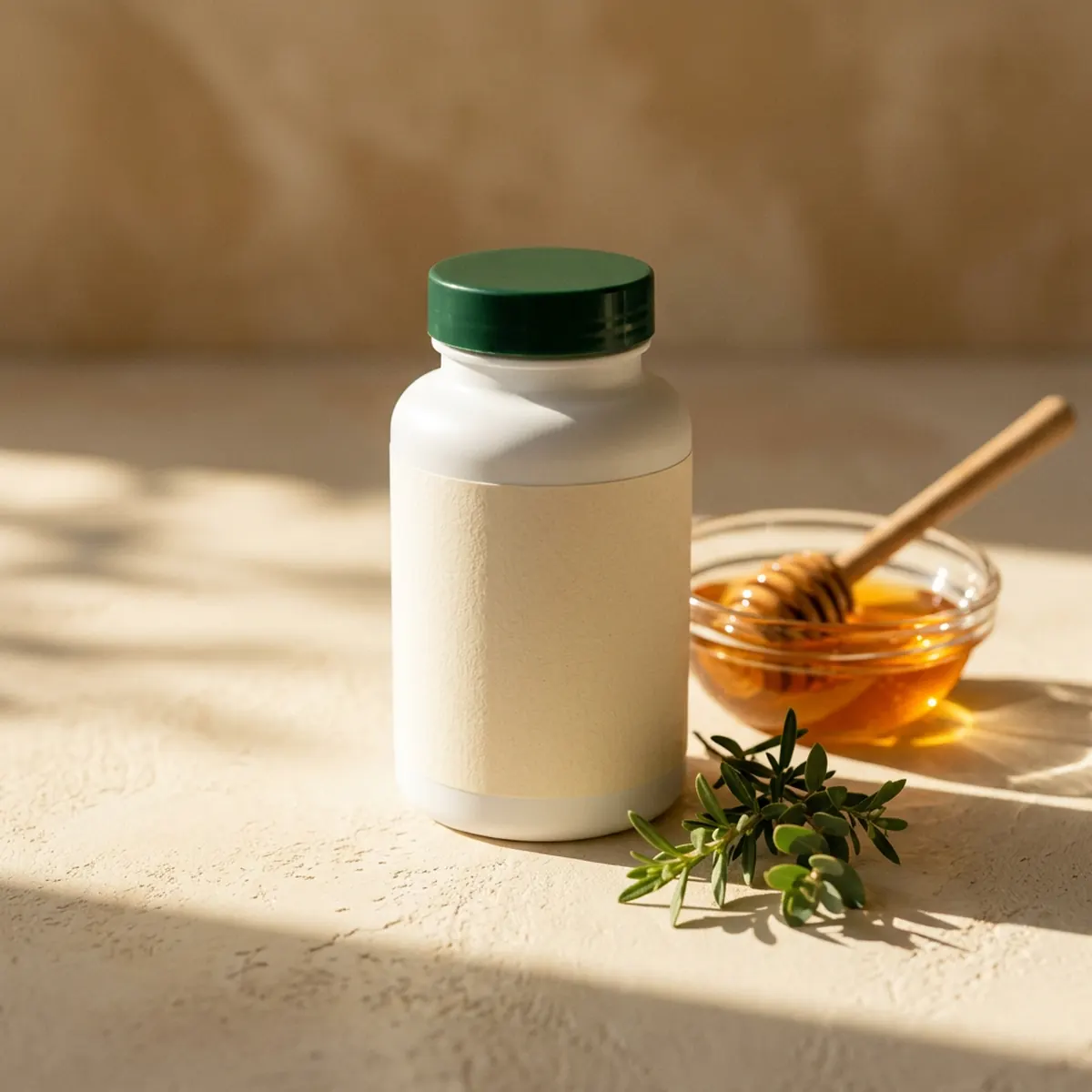 VIR-L-Lysine bottle with a green cap in warm sunlight beside a dish of honey and fresh botanicals