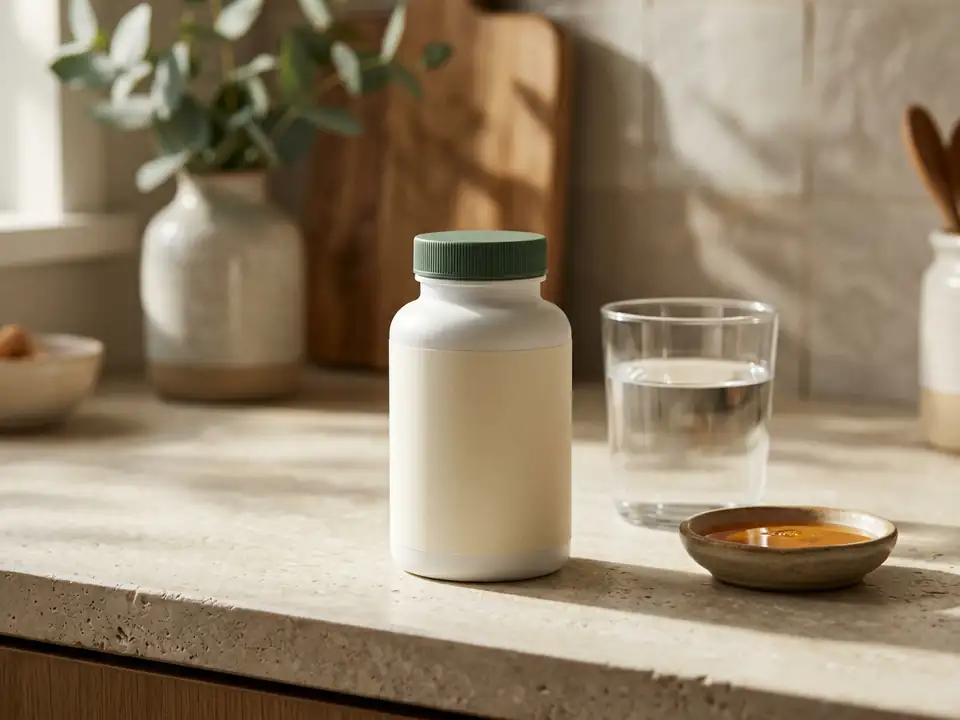 A supplement bottle with a blank label on a kitchen counter beside water and honey