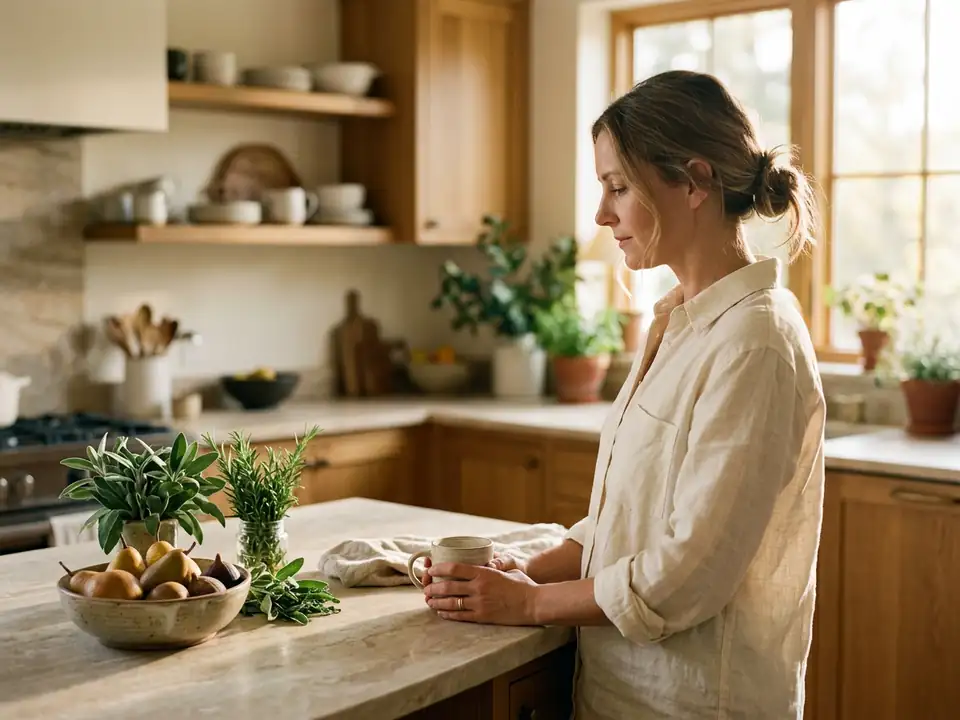 A woman holding a mug at a sunlit kitchen counter