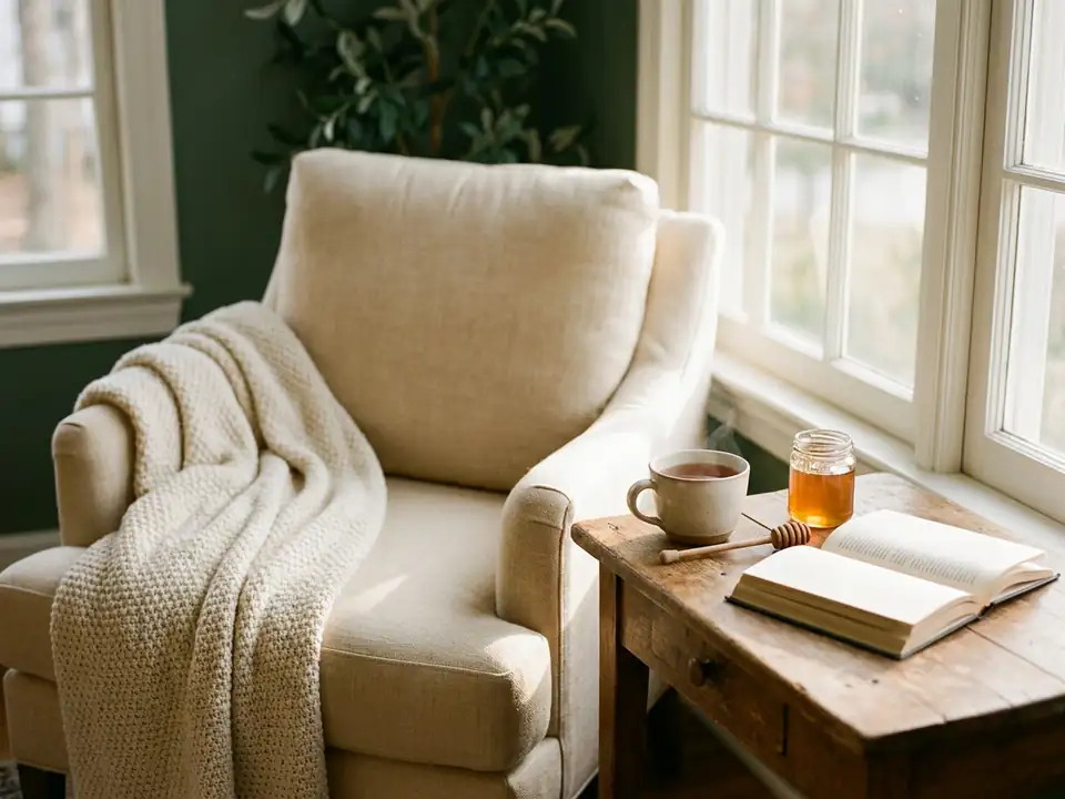 A reading chair with a knit blanket, tea and honey by a window