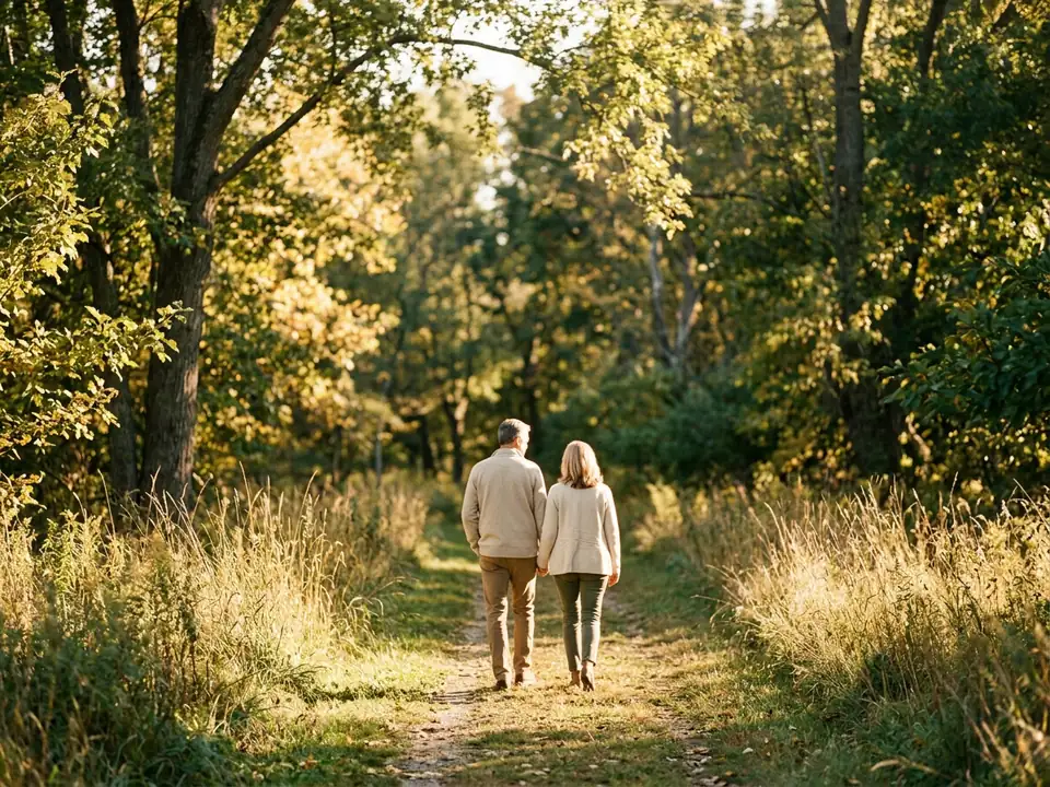 Two adults walking side by side on a quiet path in golden light